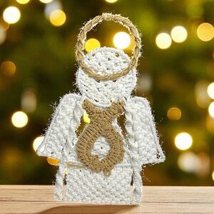 VTG Macrame Angel Christmas Decor Wall Hanging 70s 80s Handmade Gift 21”x14”